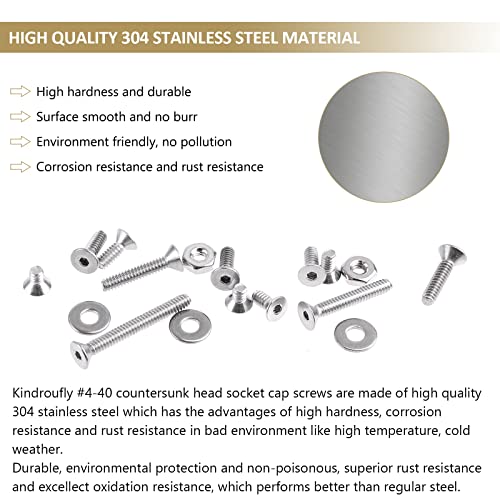 252 Pieces #4-40 x 3/16", 1/4", 5/16", 3/8", 1/2", 5/8", 3/4", 1", Countersunk Head Socket Cap Screws Nuts Washers Assortment Kit, 304 Stainless Steel, Fully Machine Thread - size: #4-40, style: Countersunk Head