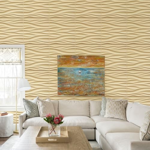 STICKGOO Wave 3D Wall Panels, Light Oak, 19.7''x19.7'', Pack of 12 - color: Light Oak