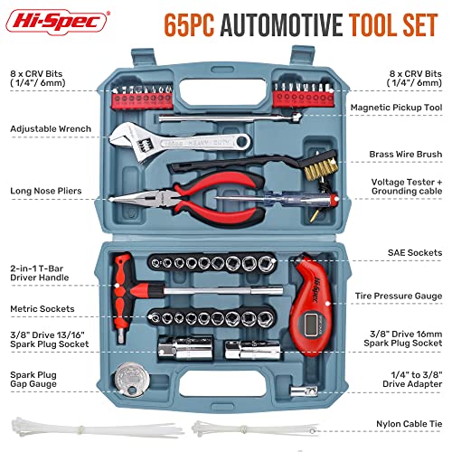 Hi-Spec Compact Auto Garage Tool Kit with Digital Tire Pressure Gauge - size: 65 PCS