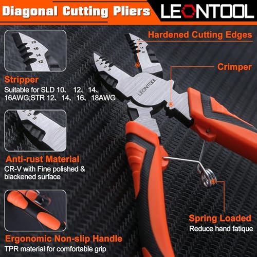 3-in-1 Diagonal Cutting Pliers with Wire Stripper Crimper, 8" Multifunction Electrician Plier Wire Cutter Side Cutting Pliers Cable Cutter with Ergonomic Handle for Electricians and Home