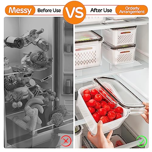 6 PCS Fruit Storage Containers for Fridge with Removable Colanders, 6 Plastic Food Storage Containers with 6 Lids, Leakproof Produce Containers Keep Fruits, Vegetables, Berry, Meat Fresh Longer - color: 6-Pack White