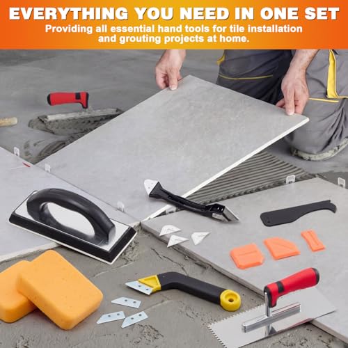 23 Pcs Tile Trowel Kit with Grout Float, Removal Tool, Silicone Caulking Tool, Grout Saw with 3 Blades, Sponges and Tile Trowels Set for Floor Wall Installation