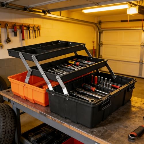 Jack Boss 17 Inch 3-Tier Portable Plastic Tool Box – Multi-Function Organizer, Black/Orange - size: 17Inch