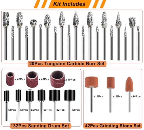 Tungsten Carbide Burr, Sanding Drums & Grinding Stone Set, 194 Pcs - size: 194 Pcs