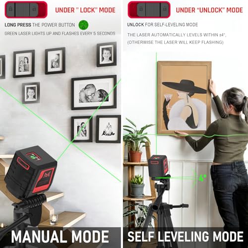 Motovera Self Leveling Laser Level 100ft, Green Cross Line with Tripod, 4 Brightness Modes & Pulse Function, Manual & Self-Leveling Modes, IP54 Waterproof for Picture Hanging, Tile, DIY Construction - size: L