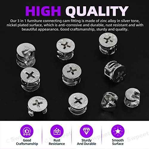Swpeet 100Pcs 4 Sizes 3 in 1 Furniture Connecting Cam Lock Fittings Assortment Kit, Fastener Cabinet Connectors Hardware Bolts Furniture Connecting Lock Nut for Closets Bed Furniture Connecting