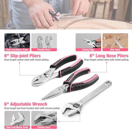 WORKPRO 258PCS Pink Tool Set, Portable Home Basic Tool Kit Box for Women