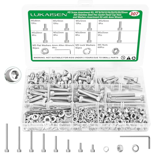 307 Pcs M5 Hex Socket Cap Screws Nuts Flat Washers Kit, 304 SS - size: SS M5 307pcs 3