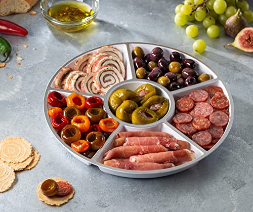 6 Sectional Round Plastic Serving Tray/Platters White W Silver Rim Pack of 2 - color: White & Silver