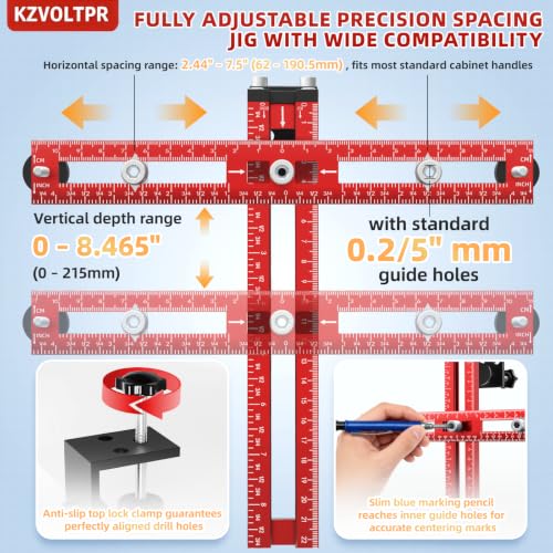 Foldable 2-in-1 Cabinet Hardware Jig with Carpenter Pencil, Adjustable Drawer Pull & Door Hinge Installation Template, CNC Aluminum Drill Guide for Woodworking