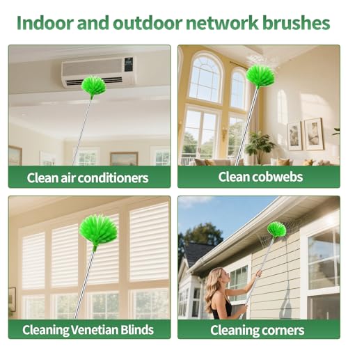 dusters for Cleaning extendable Long Handle，Webster Cobweb Duster with Extension Pole，Spider Web Remover Brush with Pole，Outdoor Web Cleaner Outside for use on Ceilings, cabinets, Walls, Light - color: Green