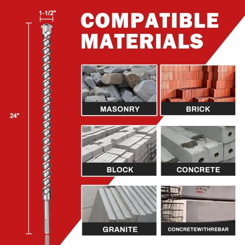 1-1/2" x 24" SDS Max Cross-Tip Rotary Hammer Drill Bit with Storage Tube – Heavy Duty Concrete Drill Bit for Masonry, Brick, and Stone, Upgraded Heat-Treated Carbide Head for Durability - size: 1-1/2" x 24"