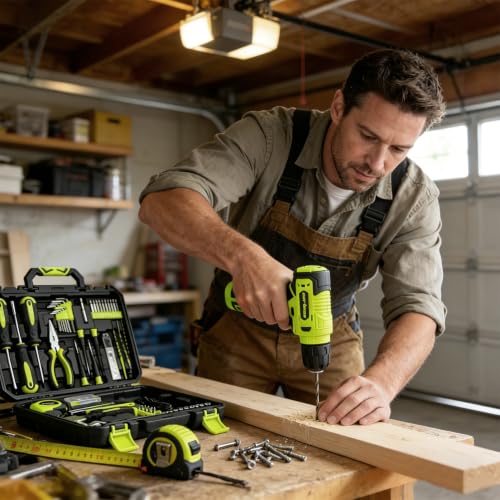 CARTMAN 150PCS 8V Cordless Drill Hand Tool Set, Green Household Repair Kit - color: Green