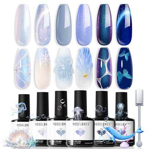modelones Blue Gel Nail Polish Set 6 Color, Light Dark Blue White Galaxy - color: A A A2 Icy Blue Gala