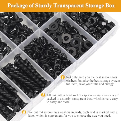 365 Pieces M4 Screws Nuts Washers Set Black, Sutemribor M4 x 6/8/10/12/16/20/25mm Button Head Socket Cap Screws Nuts Washers Assortment Kit, 10.9 Grade Alloy Steel, Fully Threaded - size: M4 x 6/8/10/12/16/20/25mm, style: Button Head