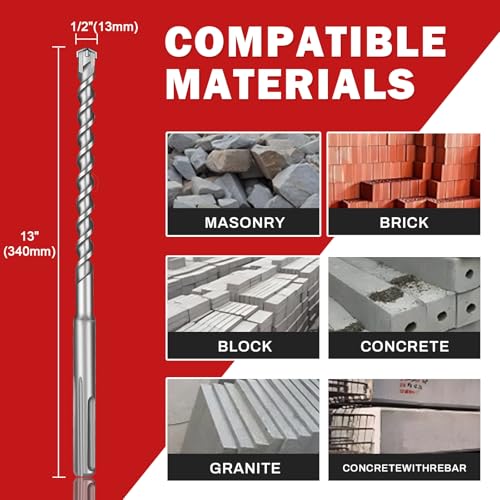 1/2" x 13" SDS Max Cross-Tip Rotary Hammer Drill Bit – Upgraded Heat-Treated Carbide Head, Extended Length 340mm for Longer Working Depth, Concrete Drill Bit for Masonry, Brick & Stone - size: 1/2" x 13"