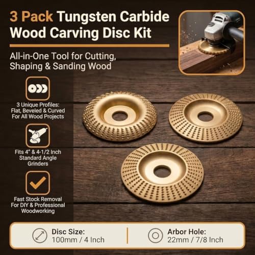 3Pcs Tungsten Carbide Cutting Wheel for Angle Grinder, Heavy Duty Wood Carving Disc Set for Cutting Shaping Sanding, Fits 4" & 4-1/2" Grinders