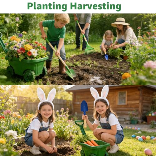 VICHTOP 10Pcs Kids Gardening Tools Set - Wheelbarrow Toys with Shovel, Rake, Hoe and Leaf Rake for Outdoor Backyard Play, STEM Educational Toys, for Toddler Boys & Girls Ages 3 4 5