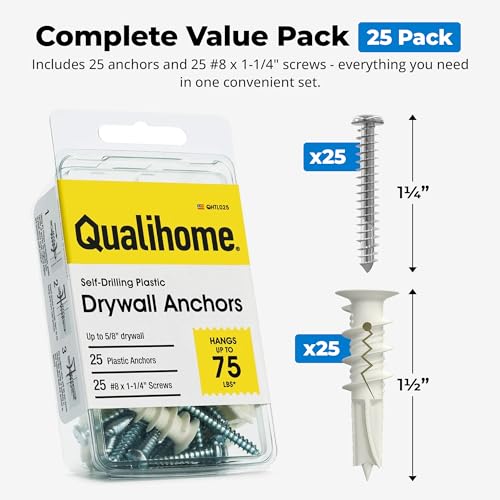 Qualihome Drywall Anchors with Screws – Self-Drilling Drywall Anchors, Anti-Spin Grip, No Pre-Drill Wall Anchor Kit, Strong & Reliable Hold, 25 Pack (50 Pieces) - style: 25 Pack (50 Pieces)