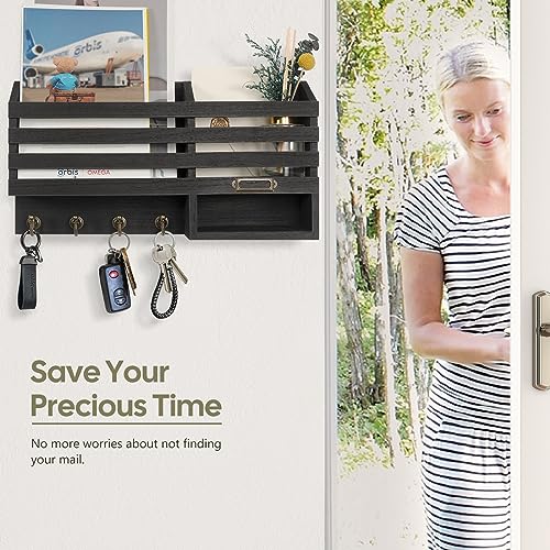 FifthQuarter Mail Holder Wall Mount with 2 Mail Slot and 4 Sturdy Hooks - color: C-Black