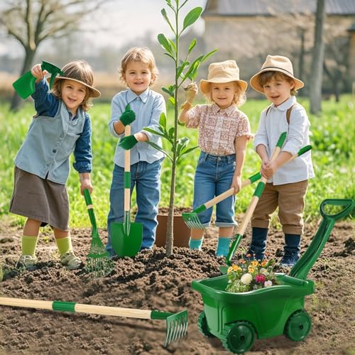 Duckura Kids Gardening Tools Set - 7pcs Wheelbarrow Set for Kids | with Shovel, Rake, Leaf Rake, Summer Outdoor Yard Digging Weed Birthday Gifts Toys, Easter for Boys Girls Age 2 3+ Years - color: 7pcs-green