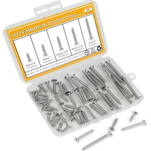 58 Pieces #12 x 3/4" 1" 1-1/4" 1-1/2" 2" Wood Screws Set, Phillips Countersunk Head #12 Self-Tapping Screws Assortment Kit, 304 Stainless Steel - size: #12, style: Phillips Countersunk Head
