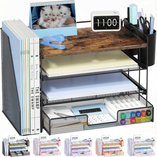 OPNICE Desk Organizer, 4-Tier Desktop File Organizer with Drawer and Pen Holders, Office Desk Accessories, File Sorters, Workspace Organizers for Office Supplies(Wood) - color: Wood, size: 4T