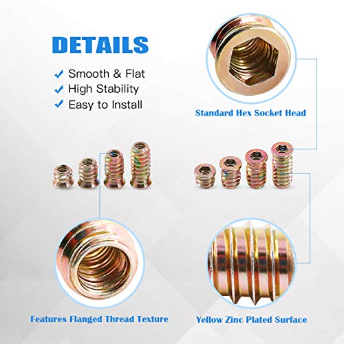 Glarks 50Pcs 1/4"-20x20mm Threaded Inserts Nuts Zinc Plated Carbon Steel Hex Socket Drive Furniture Flanged Screw-in Nut with M6 Hex Wrench for Wood Furniture (1/4"-20 x 20mm) - size: 1/4"-20 x 20mm