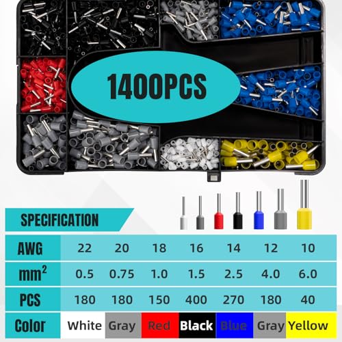 Ferrule Crimping Tool Kit，Wire Ferrules Crimper Kit with 1400PCS Electrical Pin Terminal Ends Ferrell Connectors，HSC8 6-6A Crimp Pliers Gauge Awg 23-10 Hexagonal Ratcheting Pliers Set Car Audio