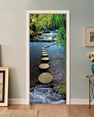 FLFK Door Mural Sticker - Mountain Stream,Peel and Stick,Combined Size 32"x80",Split into 2 Pieces - color: Mt1374, size: 32"x80"