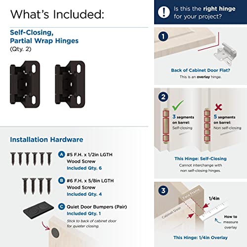 Amerock 1 Pair 1/4" Overlay Oil-Rubbed Bronze Partial Wrap Cabinet Hinge - color: Oil Rubbed Bronze, size: 1/4 Inch (6 mm) Overlay