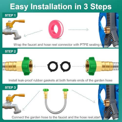 Short Metal Garden Hose Connector 3FT, Stainless Steel Small Hose Extension Adapter for Hose Reel, Flexible, Lightweight & Heavy Duty Water Pipe, No Kinking Outdoor Water Hose for Yard - size: 3FT