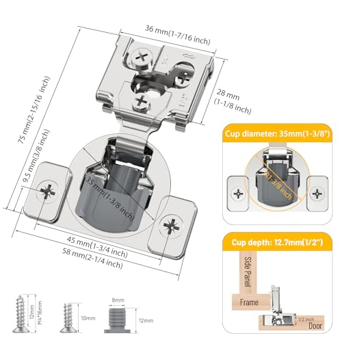 Furniware 20 Pack 10 Pairs 1/2 inch Overlay Soft Close Hinges for Face Frame Kitchen Cabinet Hinges Satin Nickel - 3 Way Adjustability Concealed Soft Close Hinges Damper Self Closing - size: 1/2 inch Overlay