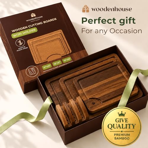 Acacia Wood Cutting Board Set of 3 with Holder, Juice Grooves & Handles