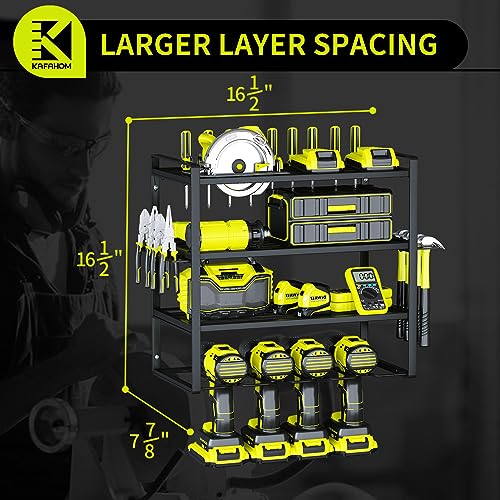KAFAHOM Power Tool Organizer,4 Layer Drill Holders Wall Mount,Heavy Duty Metal Organizers and Storage Rack for Garage Organization,Tools Shelves with Screwdriver Plier/Hammer Holder, Black - color: Black-1Pack, size: 4-Drill 1 Pack