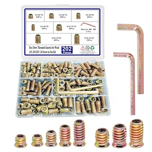 200pcs Threaded Inserts for Wood,1/4"-20 5/16"-18 Screw in Nut Kit,10 Sizes - size: 1/4"-20 / 5/16"-18 Assortment Kit