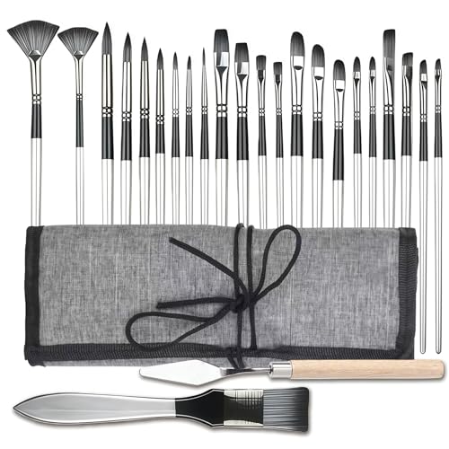 25pcs Paint Brush Set, Professional Artist Paint Brushes for Acrylic Painting, Oil, Watercolor, Gouache, with Paint Spatula and Cloth Roll - Art Supplies for Artists and Beginners
