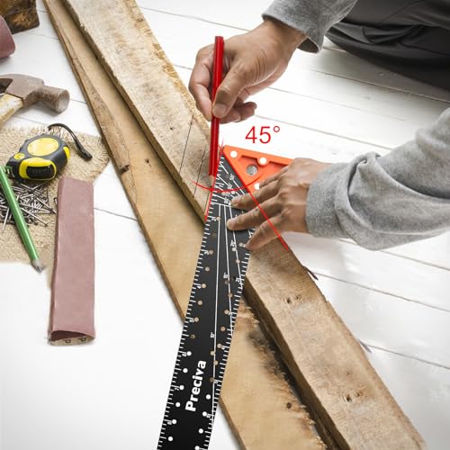 12” Woodworking Square Ruler - Preciva Right Angle Ruler Carpenter Square Layout Tool, Features Stainless Steel Blade, Retractable Ledge, 1/16” and 1/32” Notch Spacing and Multi-Angle Scribe Mark - style: 12 IN