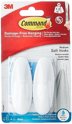 Command Medium White Bath Hooks, 2 Hooks, 4 Strips - color: White, size: Medium, style: 2 Hooks