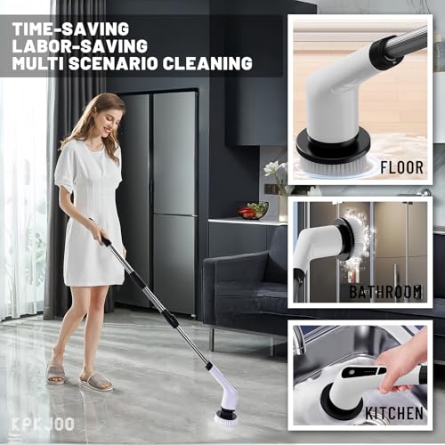 Electric Spin Scrubber- Ditch the Scrubbing! Long Handle Shower Scrubber with 9 Replaceable Heads - 2 Speed Cordless Brush Ensures Long Battery Life, Modern Design! (White)