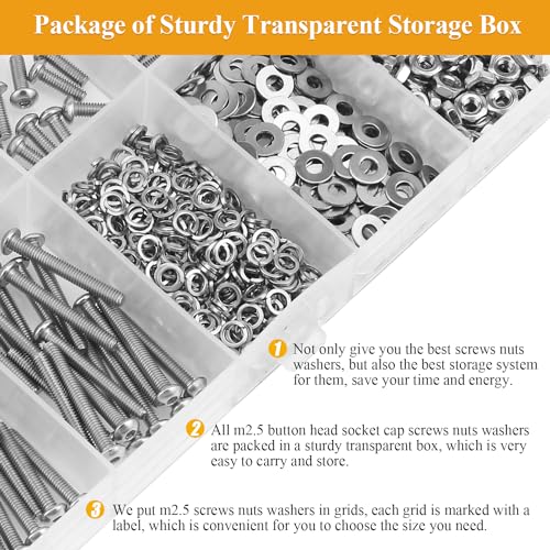 565 Pieces M2.5 Screws Nuts Washers Set, Sutemribor M2.5 x 4/6/8/10/12/16/20mm Button Head Socket Cap Screws Nuts Washers Assortment Kit, 304 Stainless Steel, Fully Threaded - size: M2.5, style: Button Head Socket Cap
