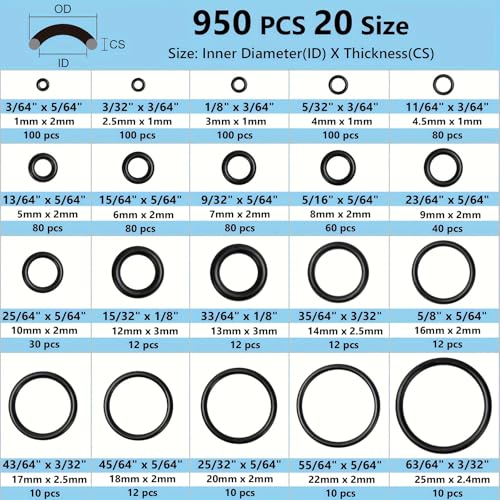 950 Pcs O-Ring O Rings Assortment Kit 20 Sizes Nitrile Rubber - style: 20 Size/950 Pcs
