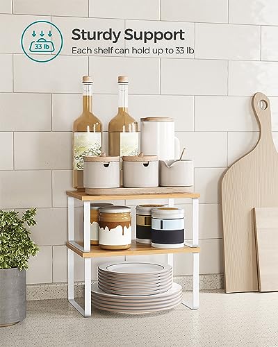 SONGMICS Cabinet Organizer Shelf, Set of 2 Kitchen Counter Shelves, Kitchen Storage, Spice Rack, Stackable, Expandable, Metal and Engineered Wood, Cloud White and Natural Beige UKCS02NW (Pack of 2) - color: Cloud White + Natural Beige, size: 11.7"w (Pack