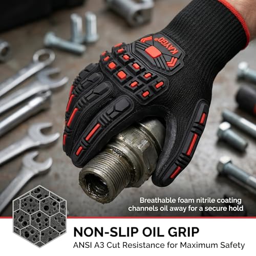 KAYGO TPR Impact Resistant Work Gloves for Men, MicroFoam Nitrile Coated | ANSI Cut Resistant Level A3, Anti-Abrasion & Firm Grip, TPR Back Impact Guard, for Mechanics, Construction, Glass Handling - size: X-Large
