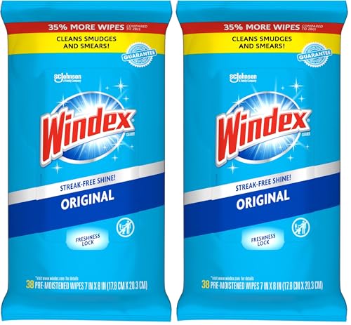 Windex Wipes Glass Cleaning, Pre-Moistened Glass and Surface Wipes to Clean Home Surfaces, Household Essentials, Original Scent, 38 Count (Pack of 2) - size: 38 Count (Pack of 2)