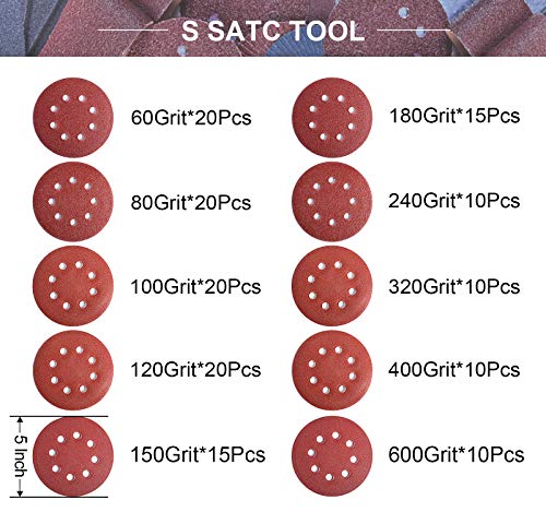 S SATC 150 PCS Sanding Disc 60 80 100 120 150 180 240 320 400 600 Grit Sanding Discs 5 Inch 8 Hole Hook and Loop Sanding Discs for Random Orbital Sander - style: 150PCS 5 Inch Assort Grit