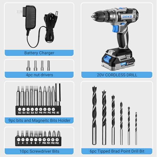 Power Drill Cordless: DEKO PRO Cordless Drill 20V Electric Power Drill Set Tool for Women Drills with Battery and Charger 20 Volt Drills Driver Kit Blue - color: Blue