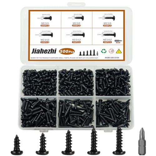 500Pcs M2.5x5/6/8/10/12 Self-Tapping Wood Screws Assortment Kit, Phillips Pan Head, Black Carbon Steel, 5 Sizes, for Wood Plastic and Soft Metal - size: M2.5x5/6/8/10/12-500Pcs