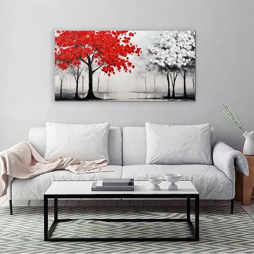 AUUZAIUA Large Canvas Wall Art Red and White Misty Forest Painting 24"x48" - size: 24"L x 48"W