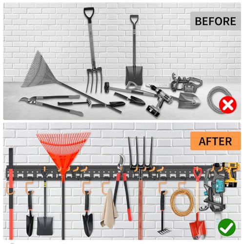 Garden Tool Organizer Wall Mount - Garage Storage and Organization Yard Tool Hanger with Adjustable Pegboard Hooks Shed Rack for Broom Mop Shovel Rake Trimmers, 48 inch Max 550lbs, Black - size: 48 Inch